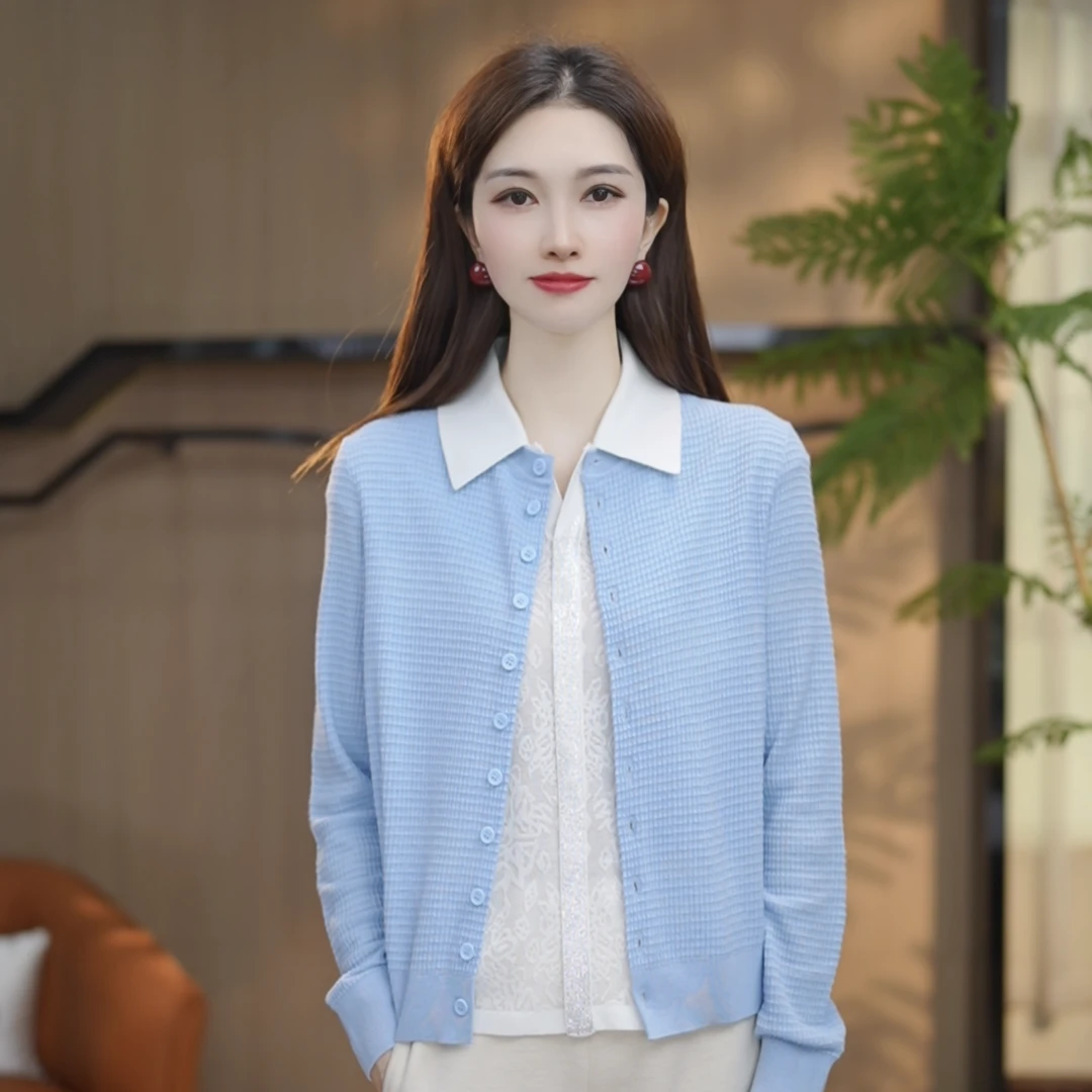 【林林定制】桑蚕丝+精纺羊毛早秋极简风华夫格圆领薄款针织衫2580