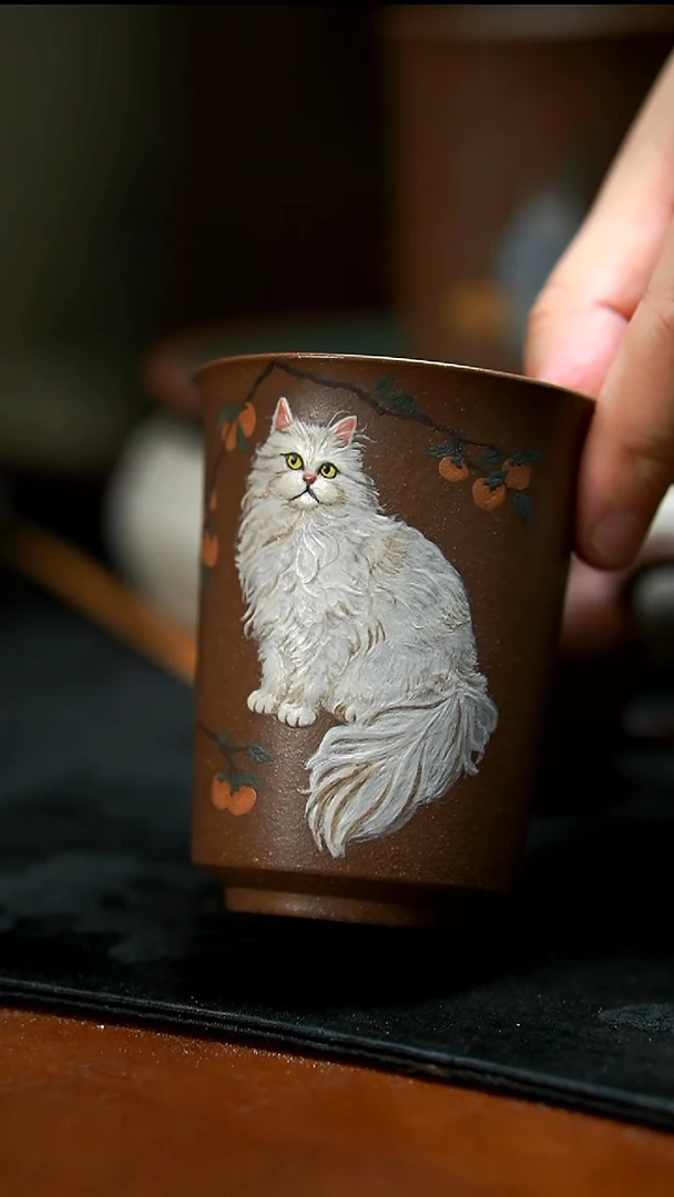 茶壶紫砂柿子猫咪杯