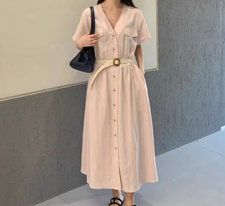 领单排扣收腰气质中长款衬衫连衣裙洋气炸街女装