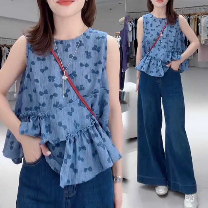 韩系甜美不规则蝴蝶结印花无袖衬衫女夏季设计感宽松外穿背心上衣