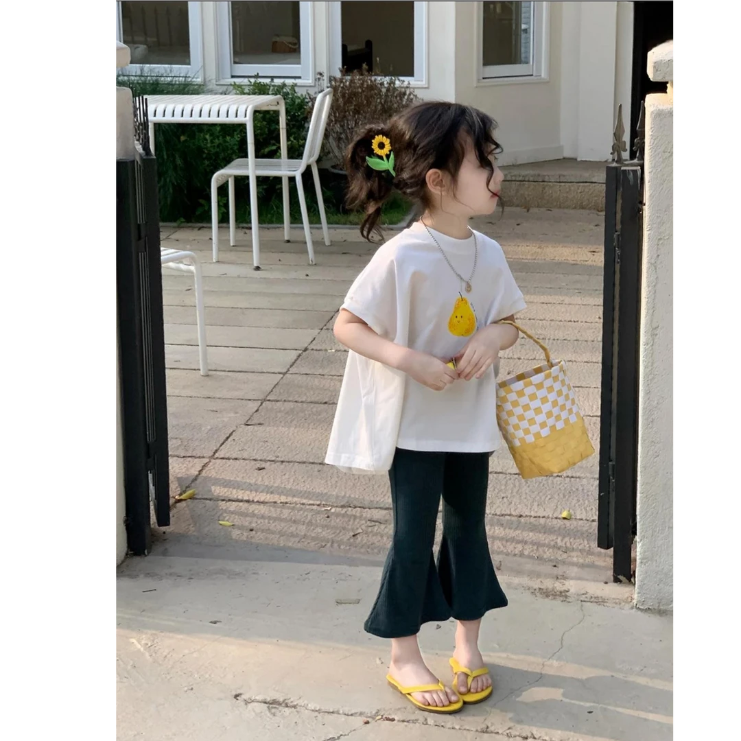【亲子装】25夏季新款韩系套装卡通印花短袖女童宽松T恤九分喇叭裤
