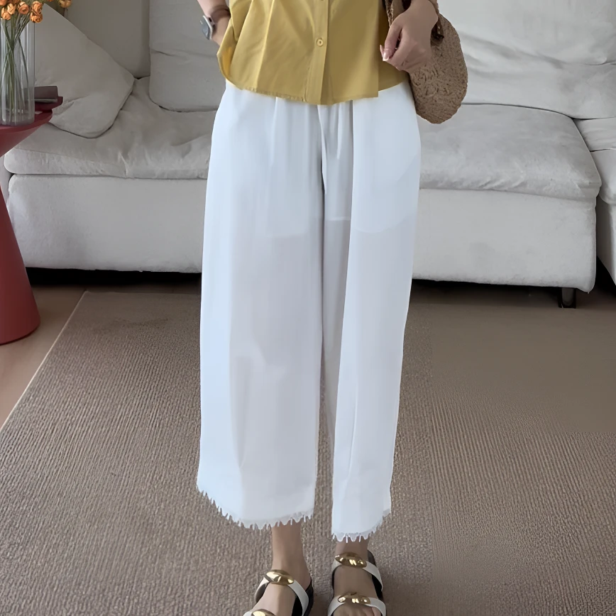 【余欢欢】夏季百搭松紧腰裤脚拼接休闲阔腿裤-YHK50265