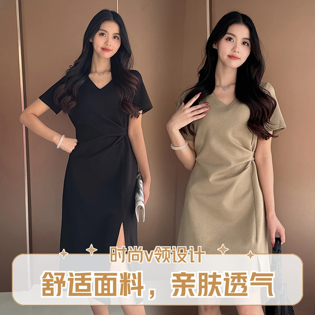 收腰显瘦连衣裙女短袖2025新款夏设计感小黑裙气质气质洋气A字裙