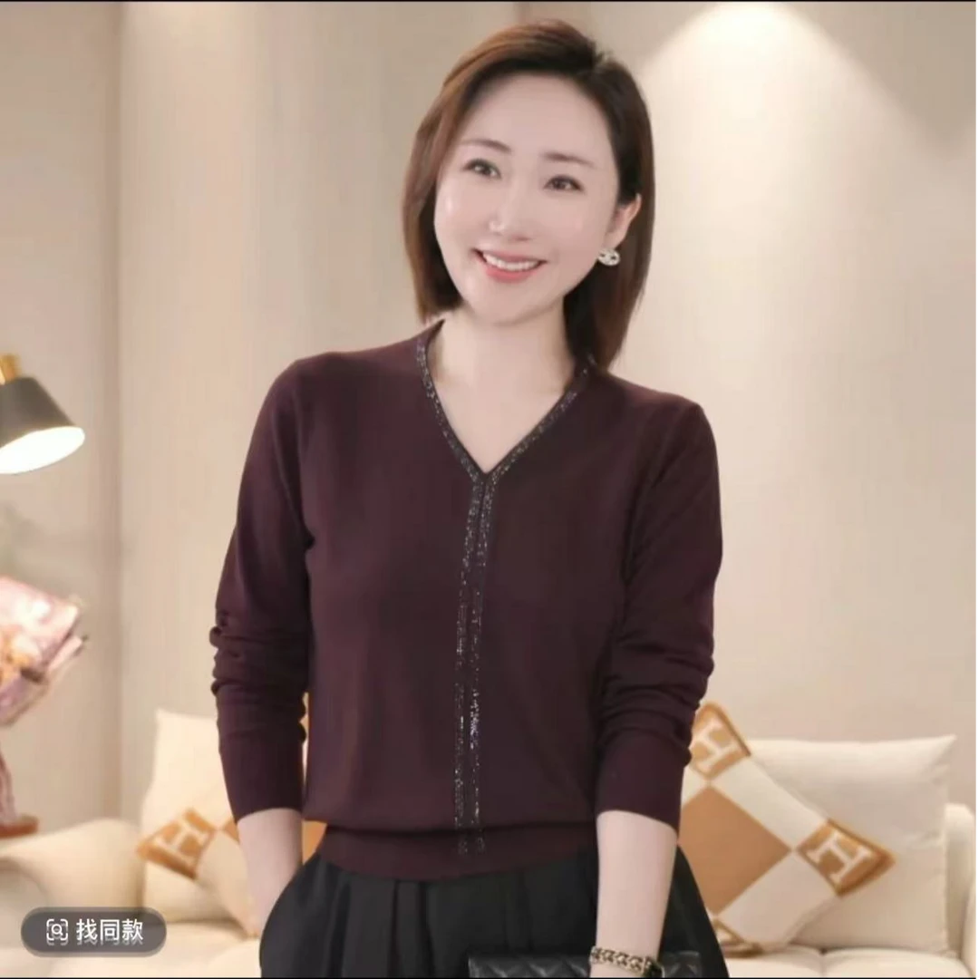 烫钻v领1】针织毛针织衫早秋V领女针织衫圆领气质上衣