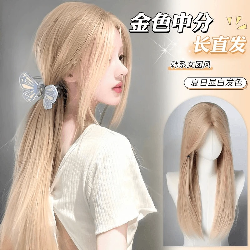 『落日飞车』呆呆熊金色假发女长发lolita中分长直发假发女全头套