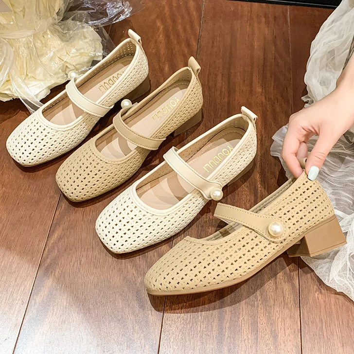 YYCORAL/宇逸瑚夏季镂空玛丽珍鞋复古4公分中跟方头透气单鞋渔夫