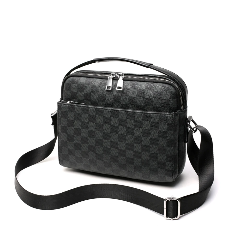 2025男士斜挎包真皮时尚男士格子手提斜挎包潮流多功能斜跨包休闲