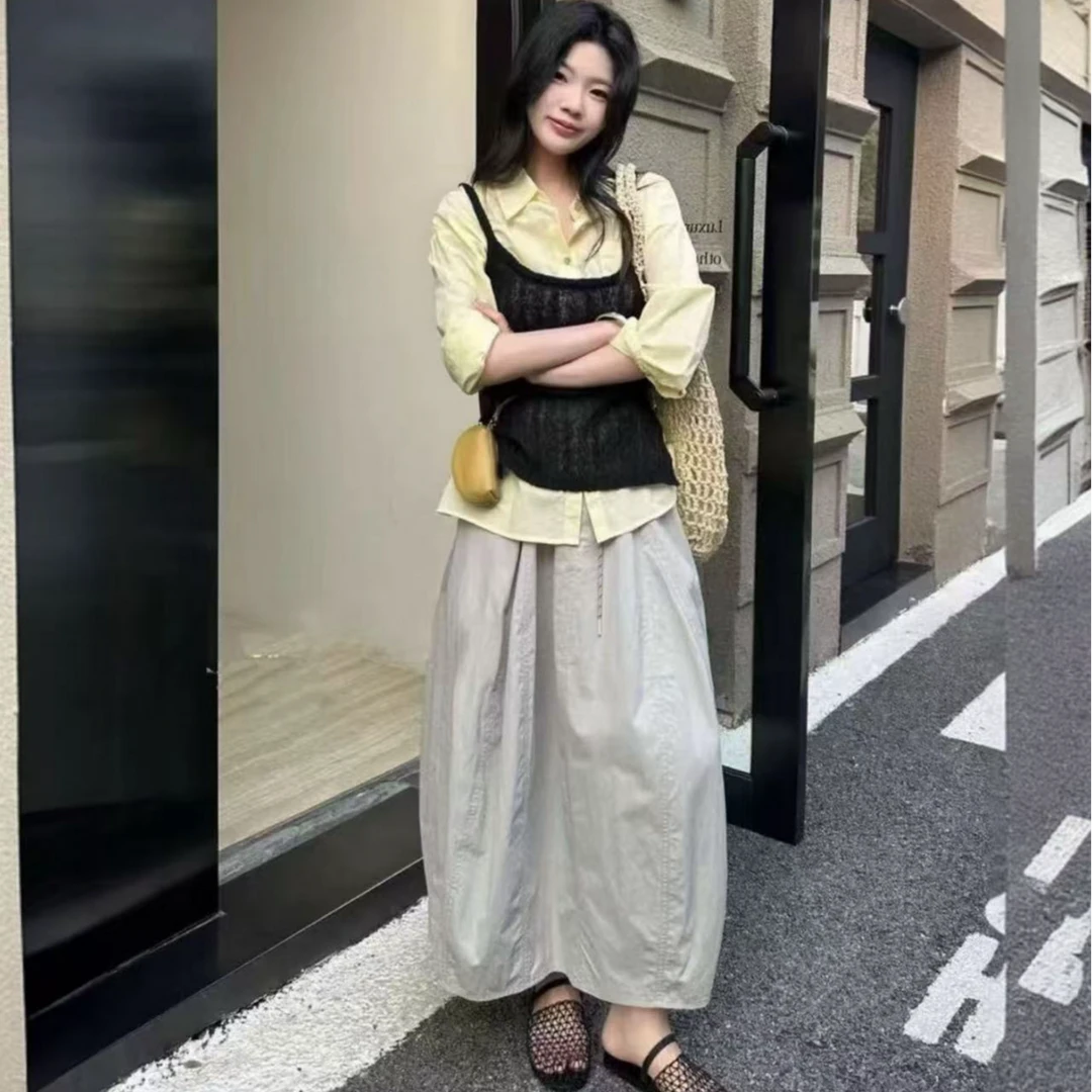 拼接简约南瓜裙半身裙少女风中长款夏季裙子高腰拼接花苞裙