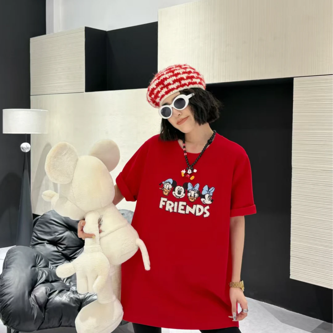 圆领短袖加厚磨毛新年红色女款宽松T恤重工刺绣休闲喜庆大码女装