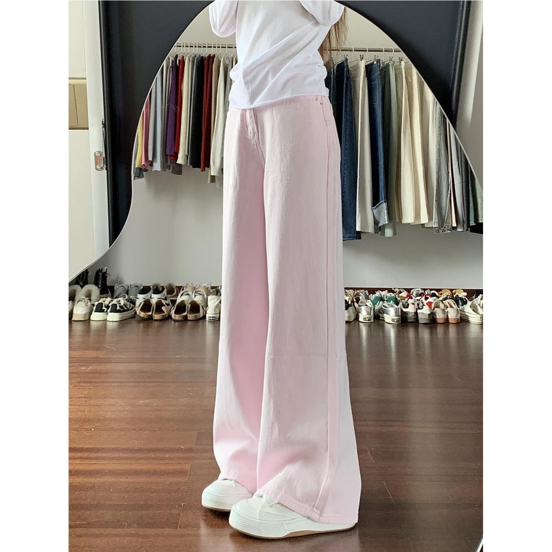 美式复古粉色直筒牛仔裤女夏季新款高腰显瘦宽松阔腿拖地长裤潮