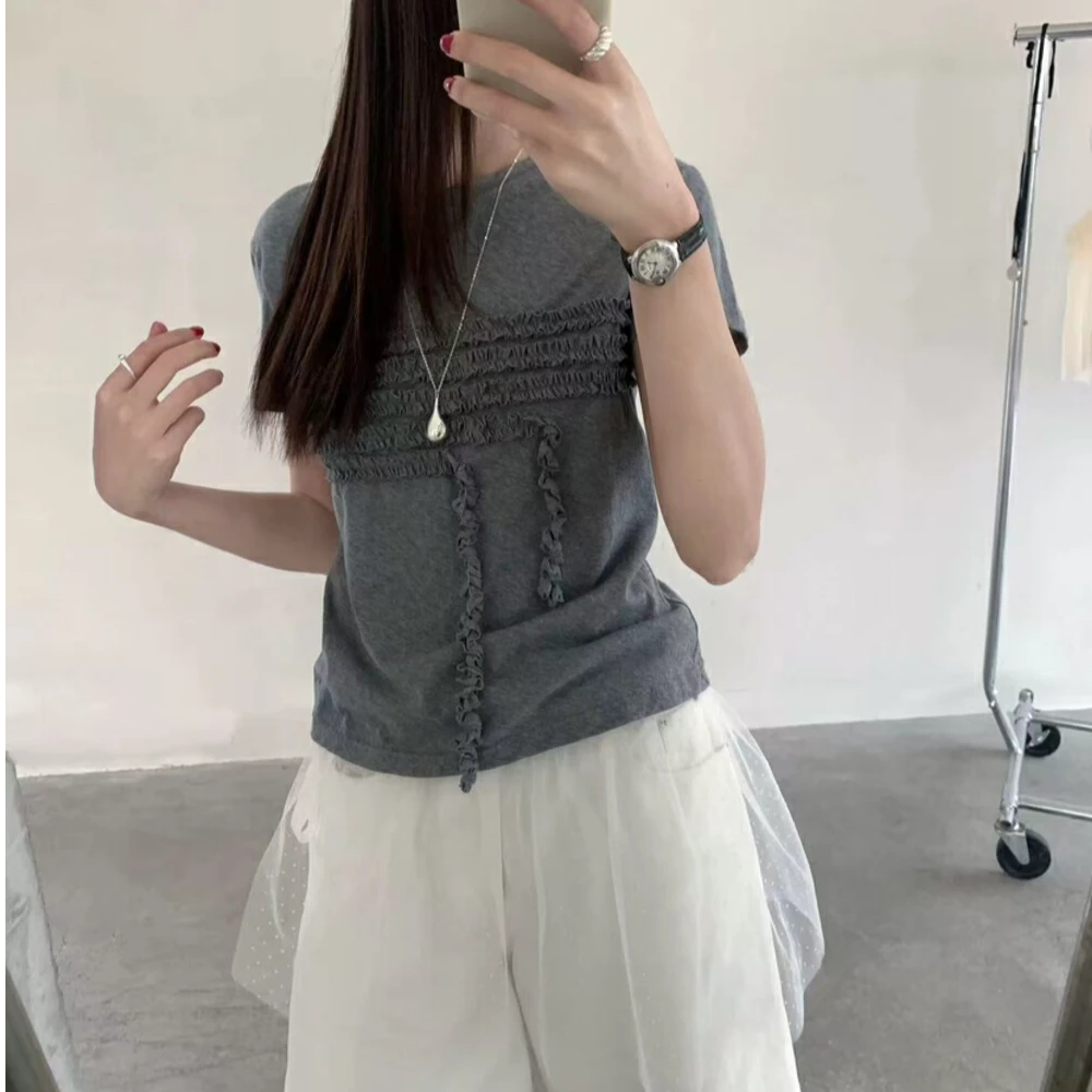 贴布绣木耳边圆领褶皱拼接T恤白色运动经典收腰女士时尚韩系百搭