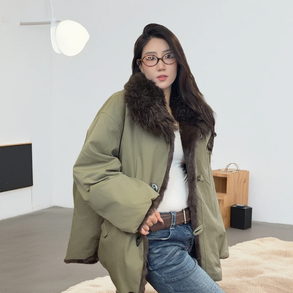 半月扣兔毛双面穿大衣毛领中长款洋气秋冬派克外套长袖冬季加厚