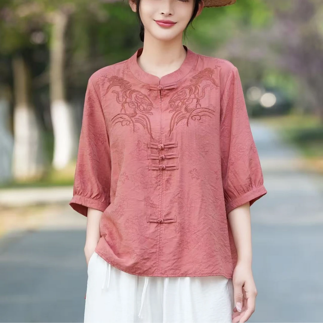 9673新款夏季文艺复古刺绣气质减龄小衫QZ