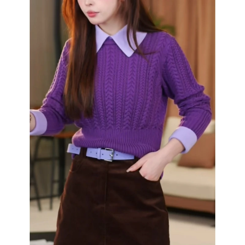 设计感拼接翻领针织衫女2025冬季新款时尚显瘦百搭洋气打底衫上衣