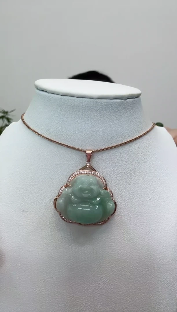 吊坠(赠链)银S925镶嵌翡翠佛公玫瑰边