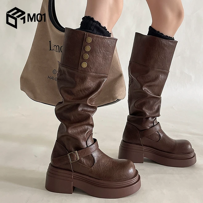 M01西部牛仔废土风长高筒靴子女秋冬新款厚底堆堆靴两穿骑士靴