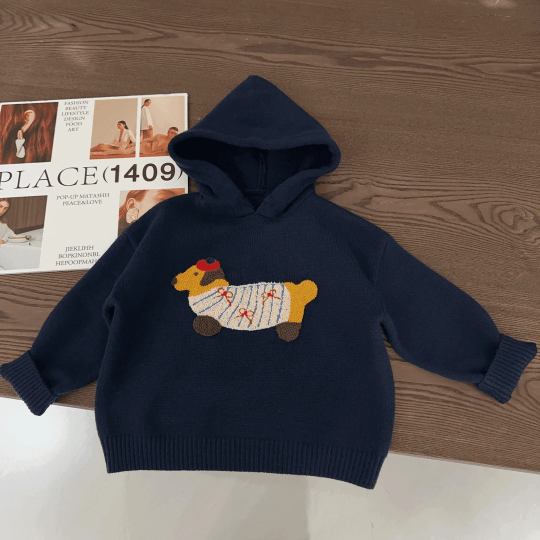 儿童秋季2024新款儿童潮牌服装小狗绣花针织宽松时尚百搭连帽毛衣