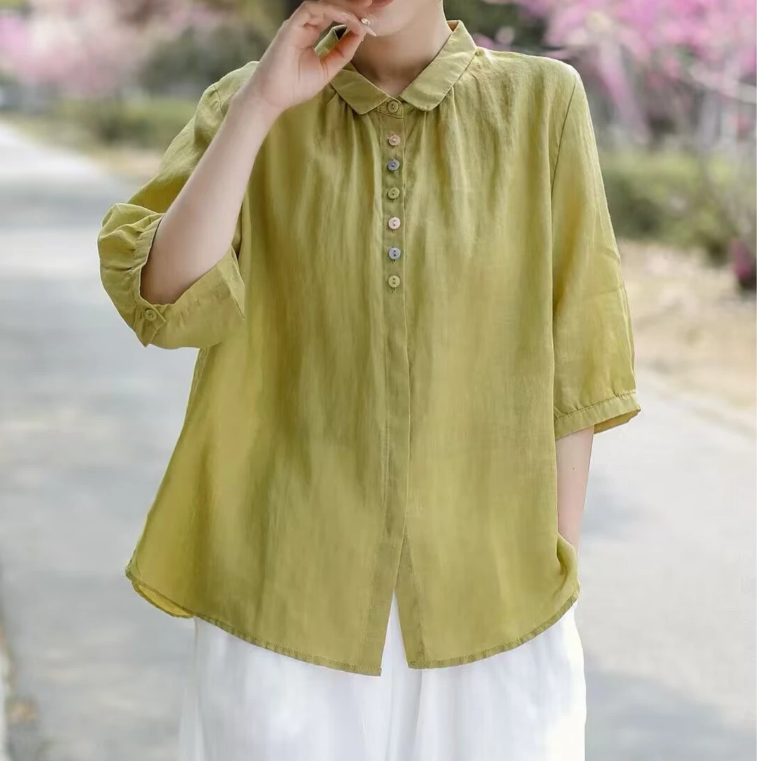 【涧蓝正品】夏季新款彩色纽扣纯苎麻衬衣女翻领中袖宽松显瘦衬衫女