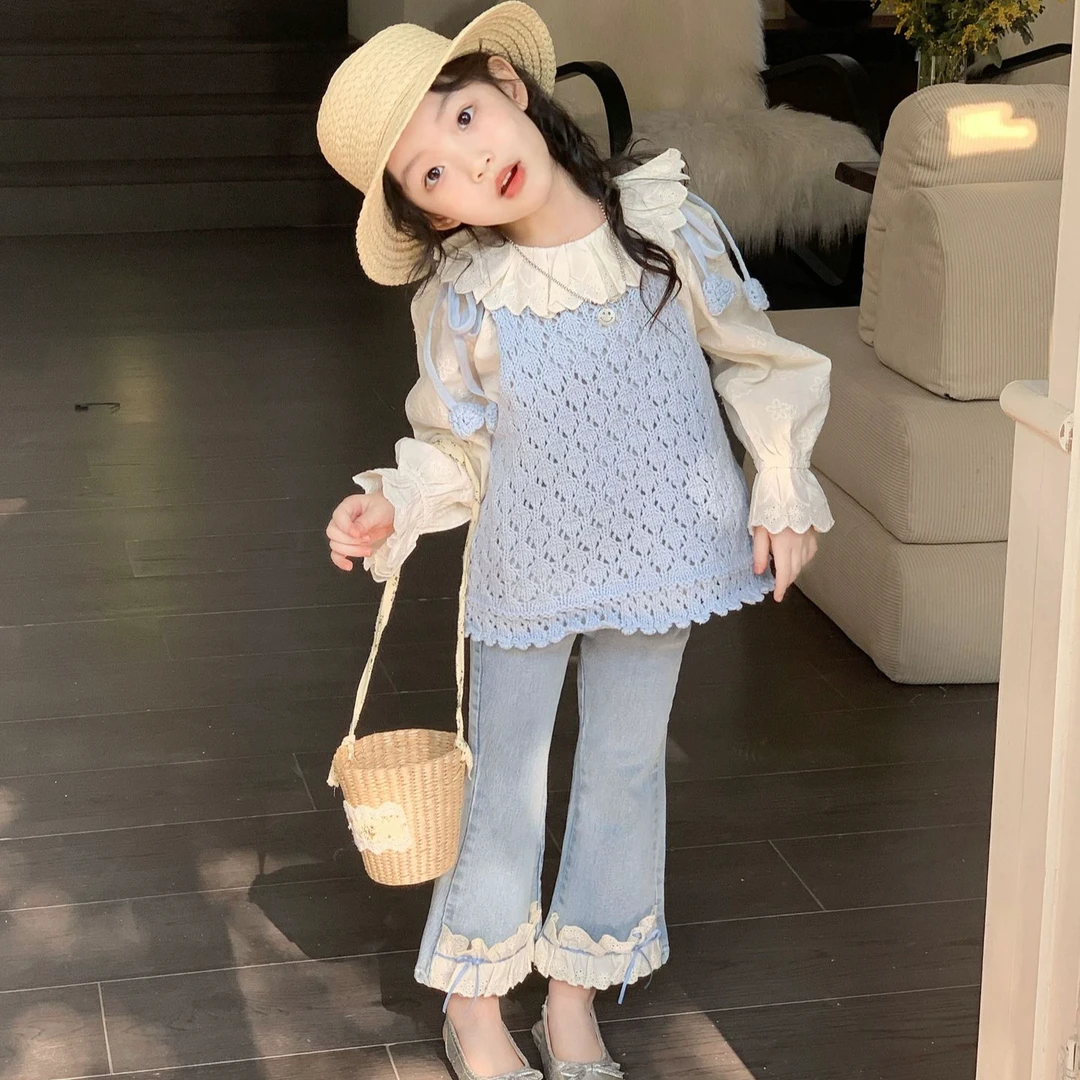 2025韩春季新款女童钩花镂空针织背心吊带娃娃衫花边牛仔裤三件套
