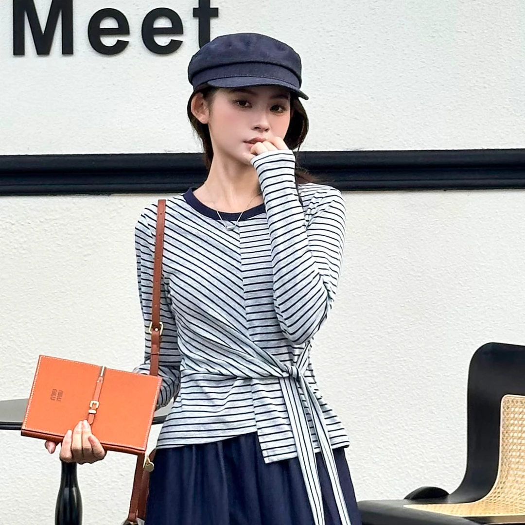 2025早秋时尚不规则系带条纹长袖百搭气质显瘦T恤