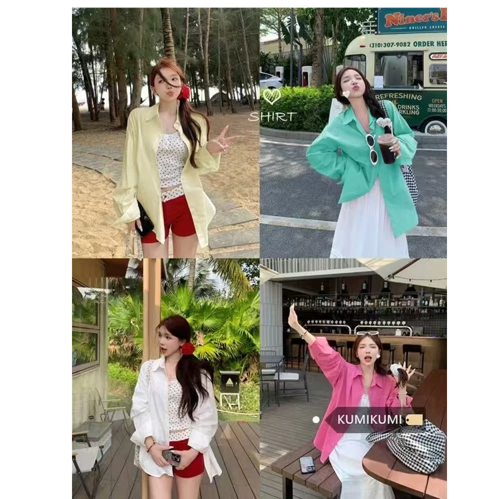 【瑞瑞】大码胖MM韩系防嗮衬衫女春夏设计感宽松中长款长袖