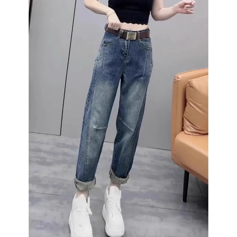 2025新款大码哈伦老爹裤宽松显瘦九分牛仔裤梨形身材高腰胖mm裤子