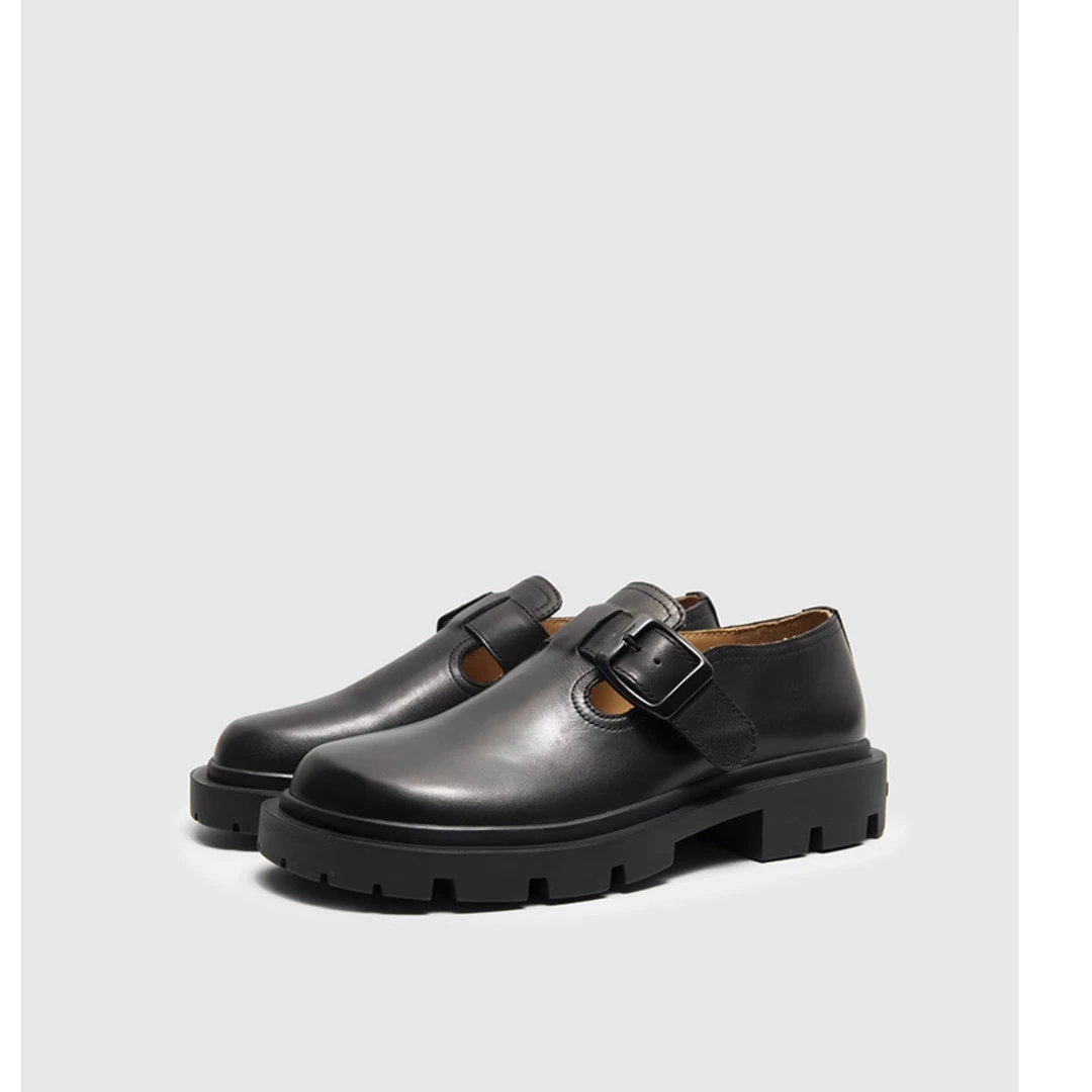 马吉拉大头乐福鞋女2024秋季真皮一脚蹬单鞋丑萌厚底黑色小皮鞋女