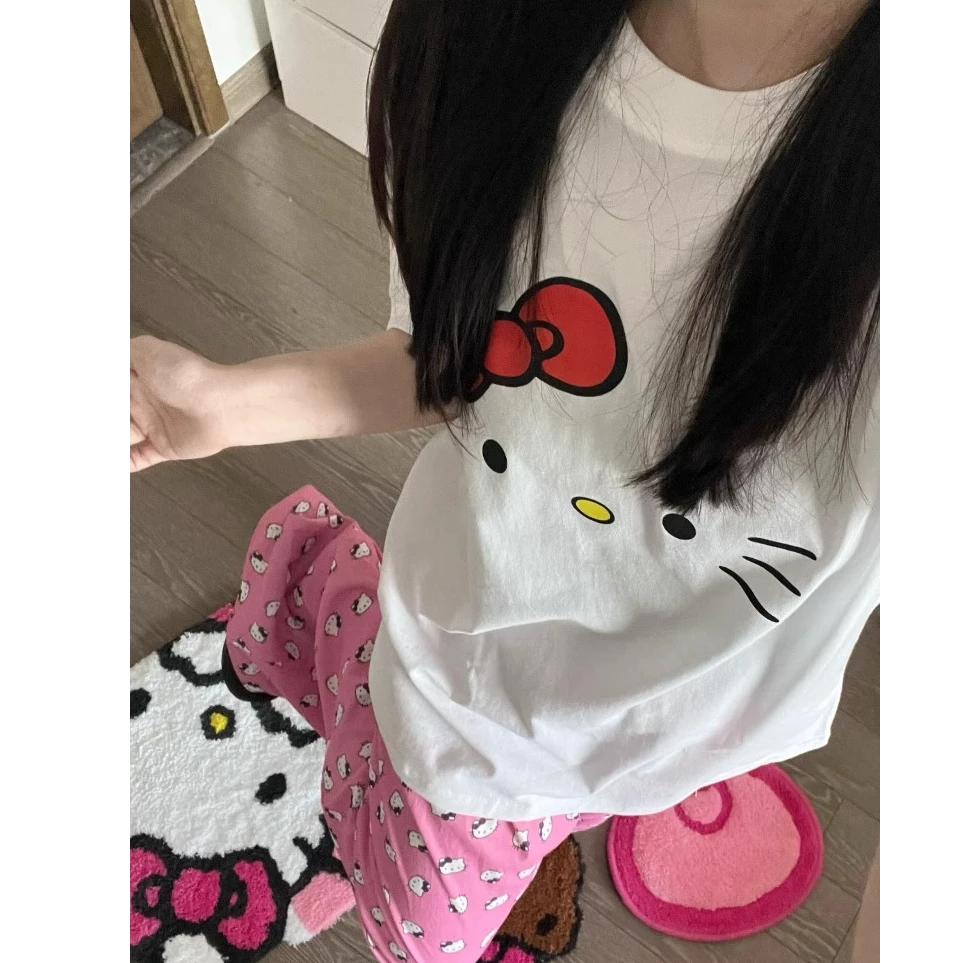 白色慵懒风HelloKitty印花短袖T恤女夏季2025新款纯棉圆领上衣萌