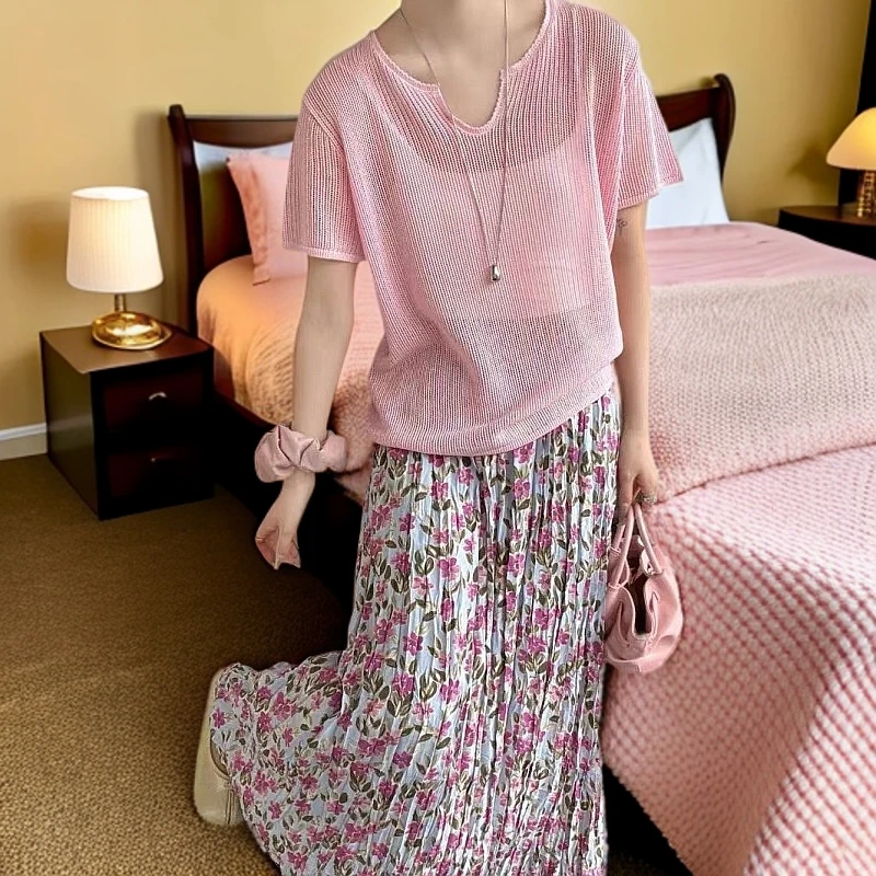 夏季纯色剪刀领薄款短袖针织衫2025新款宽松慵懒风套头t恤上衣潮