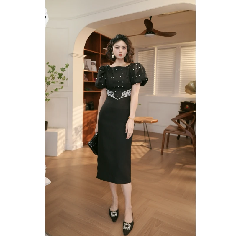 【宝总】时尚优雅收腰修身名媛宴会显瘦轻奢方领设计感连衣裙21148