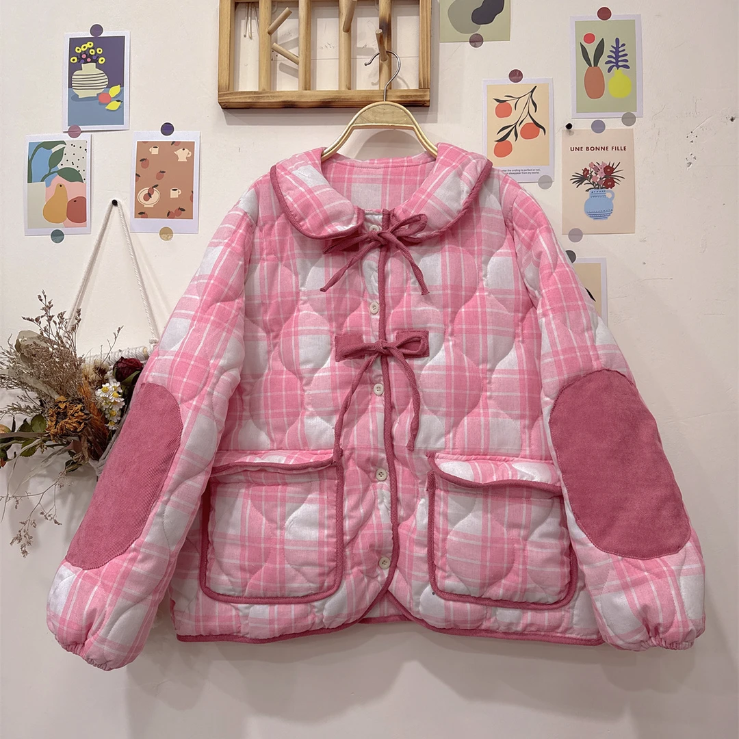 《米粒》63197森系甜美减龄娃娃领宽松百搭格子棉衣