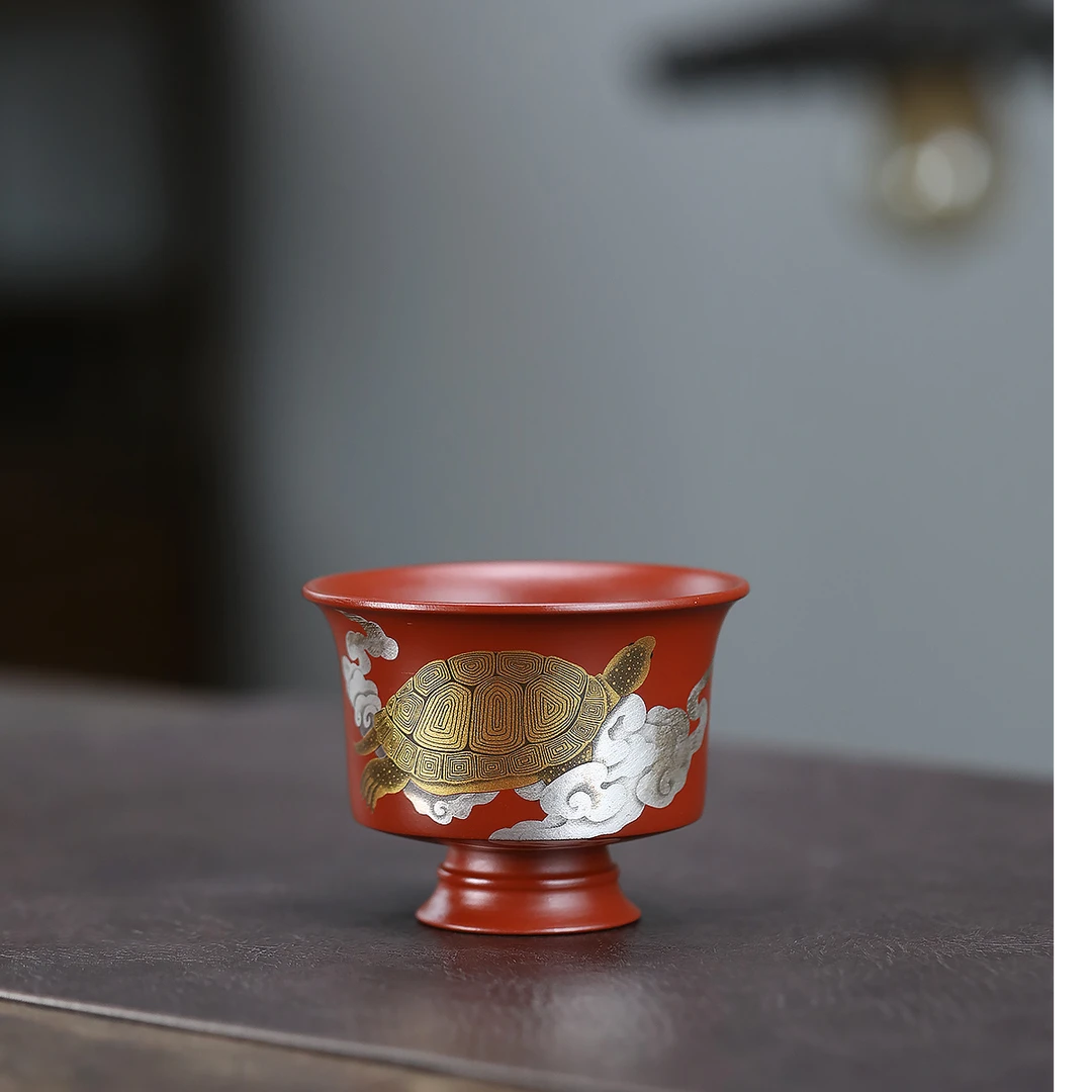 宜兴紫砂原矿紫砂朱泥金银锉富甲天下主人杯，80cc，手工杯
