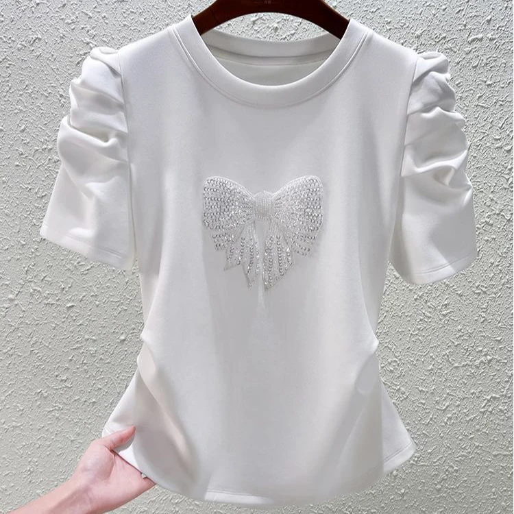 2025夏季新款优质棉蝴蝶结短袖T恤女时尚百搭显瘦遮肉折折袖上衣