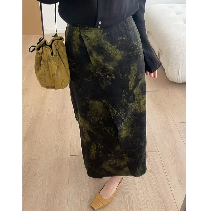 宝丫轻奢  女式老钱风优雅荷花印花半身裙K1309