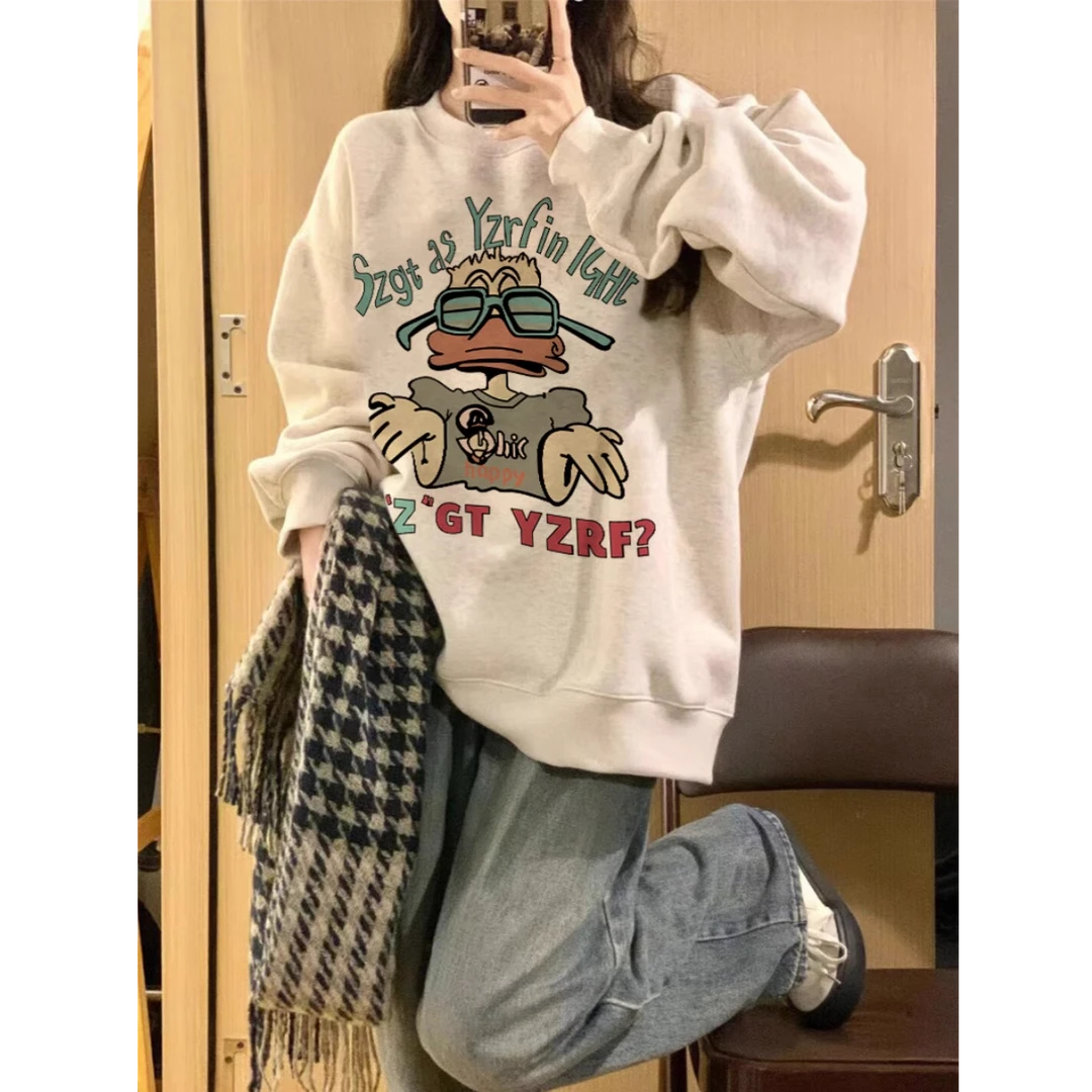 圆领卫衣女秋冬薄款长袖美式复古小个子小众oversize宽松长袖上衣