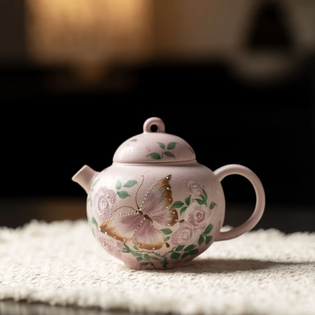 亘古粉妆蝶吻玫香圆满茶壶复古家用纯手工中式蝶恋花全手工可爱