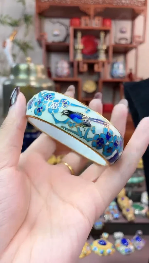 美*蒂非遗手工景泰蓝开口银蓝镯子白色