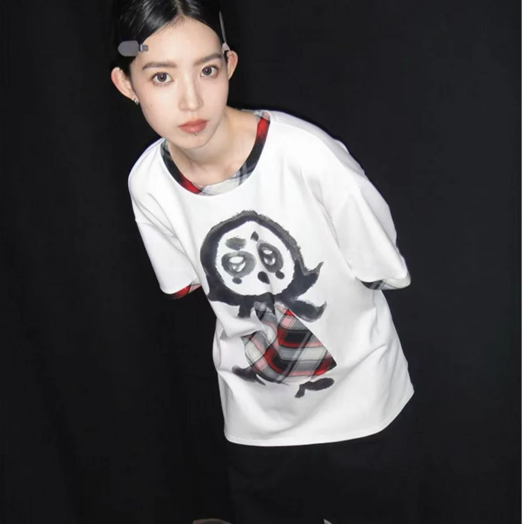 【奥体自播】oinkoink 红格领圈小女孩贴布绣宽松白T恤