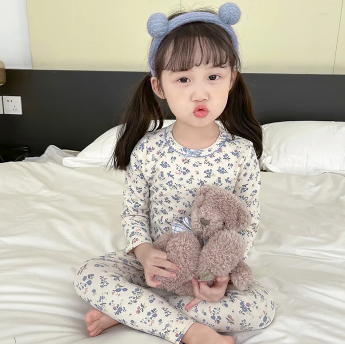 A38 儿童秋衣套装  米色兰碎花 【280克棉】