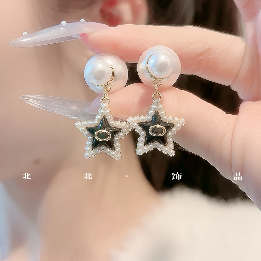 铜合金仿珍珠耳饰 星星珍珠耳钉小众轻奢高级感长款气质耳环耳饰