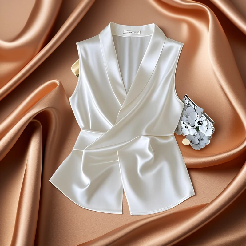 夏季新款女性白色缎面收腰衬衫式坎肩背心今年热门时尚减龄高级感