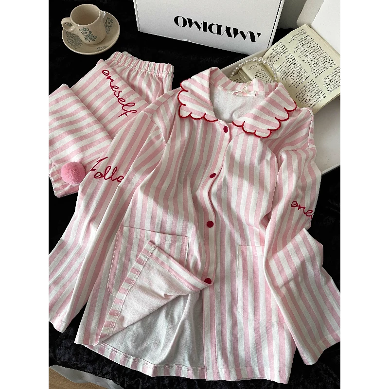 少女粉色甜美条纹长袖睡衣女春夏外穿娃娃领大码家居服显瘦套装女