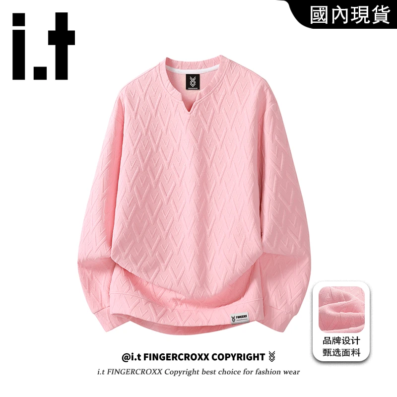 i.t FINGERCROXX大码小v领提花卫衣男秋季新款慵懒风休闲宽松T恤