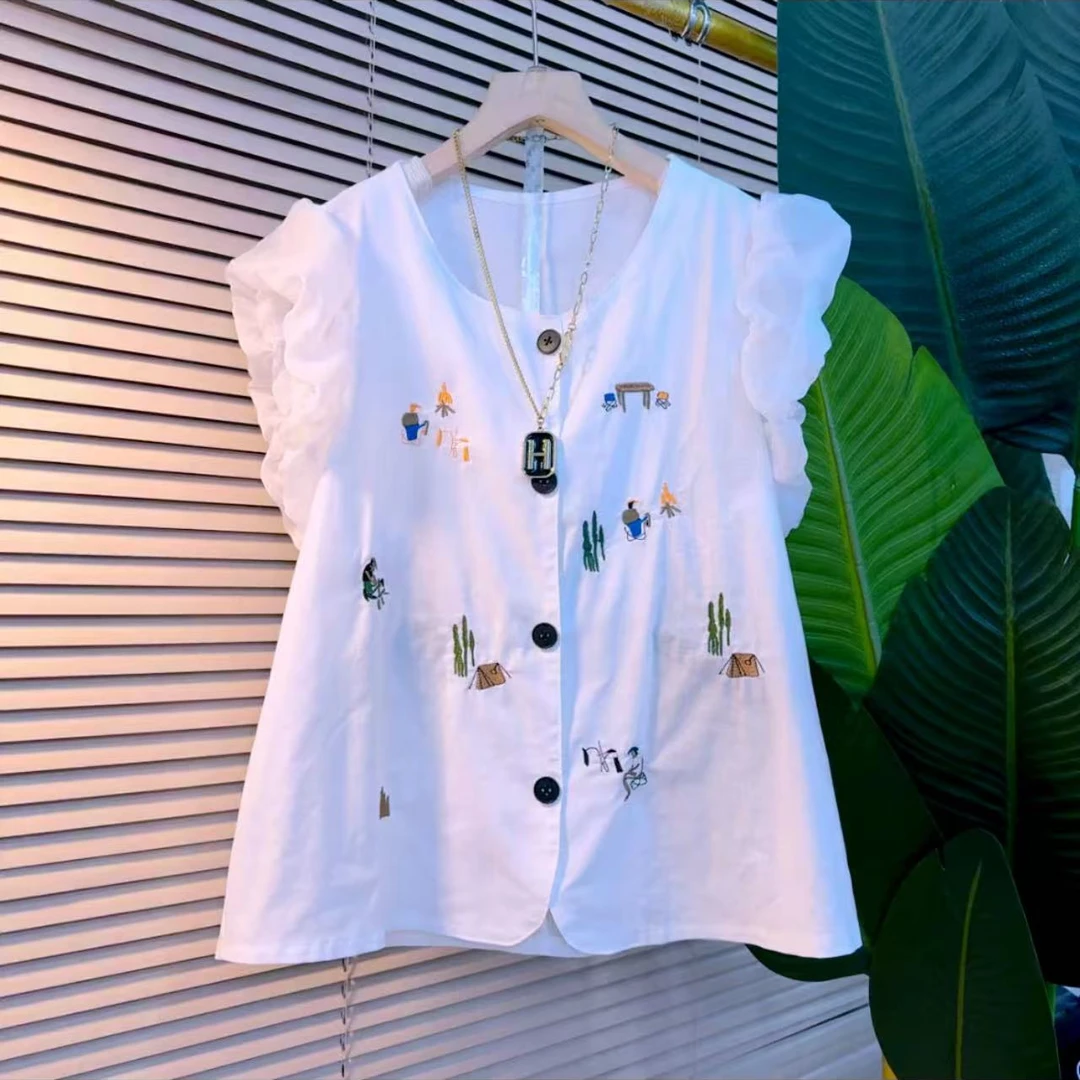 6059欧洲站夏季时尚重工刺绣拼接泡泡袖减龄甜美衬衫（衣长59）