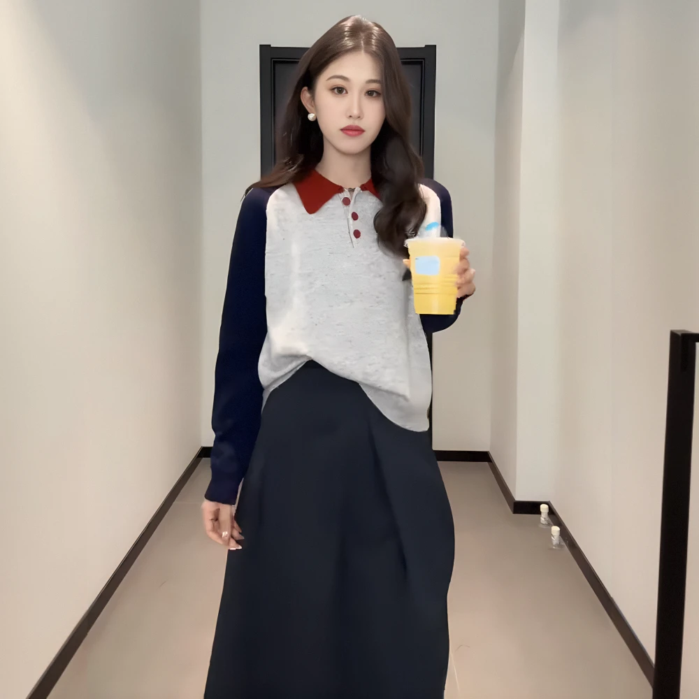 大码女装撞色圆领插肩袖别致针织衫秋季新款胖mm时尚显瘦打底上衣