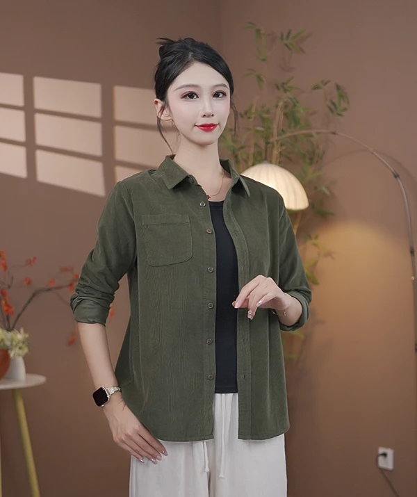 2025早秋新款百搭洋气灯芯绒纯色衬衫领上衣外套-嶶依