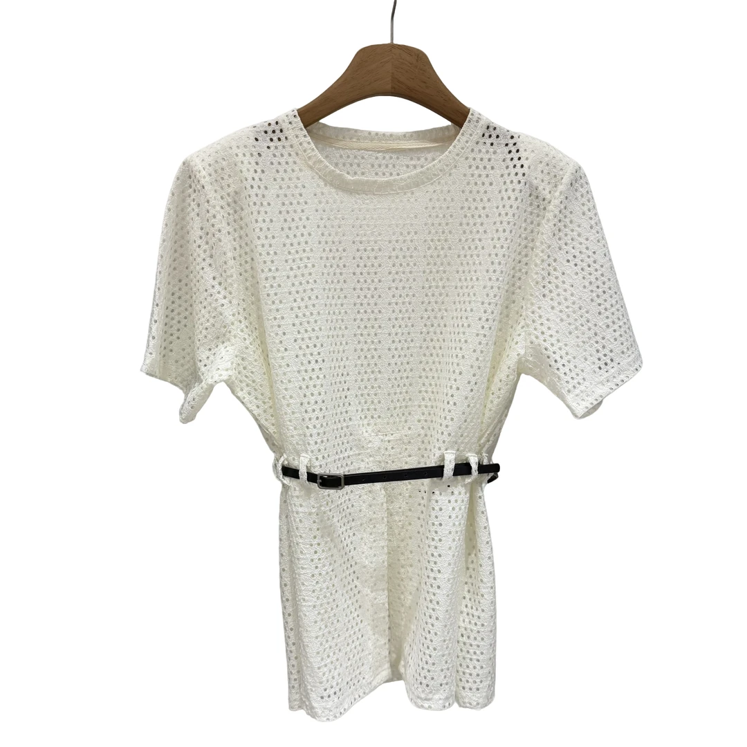 YD25059夏季镂空收腰时尚短袖设计气质纯欲慵懒风女装洋气衣服T恤