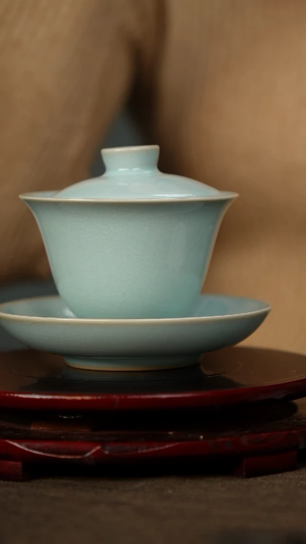 全品 天青 三才盖碗 带底款