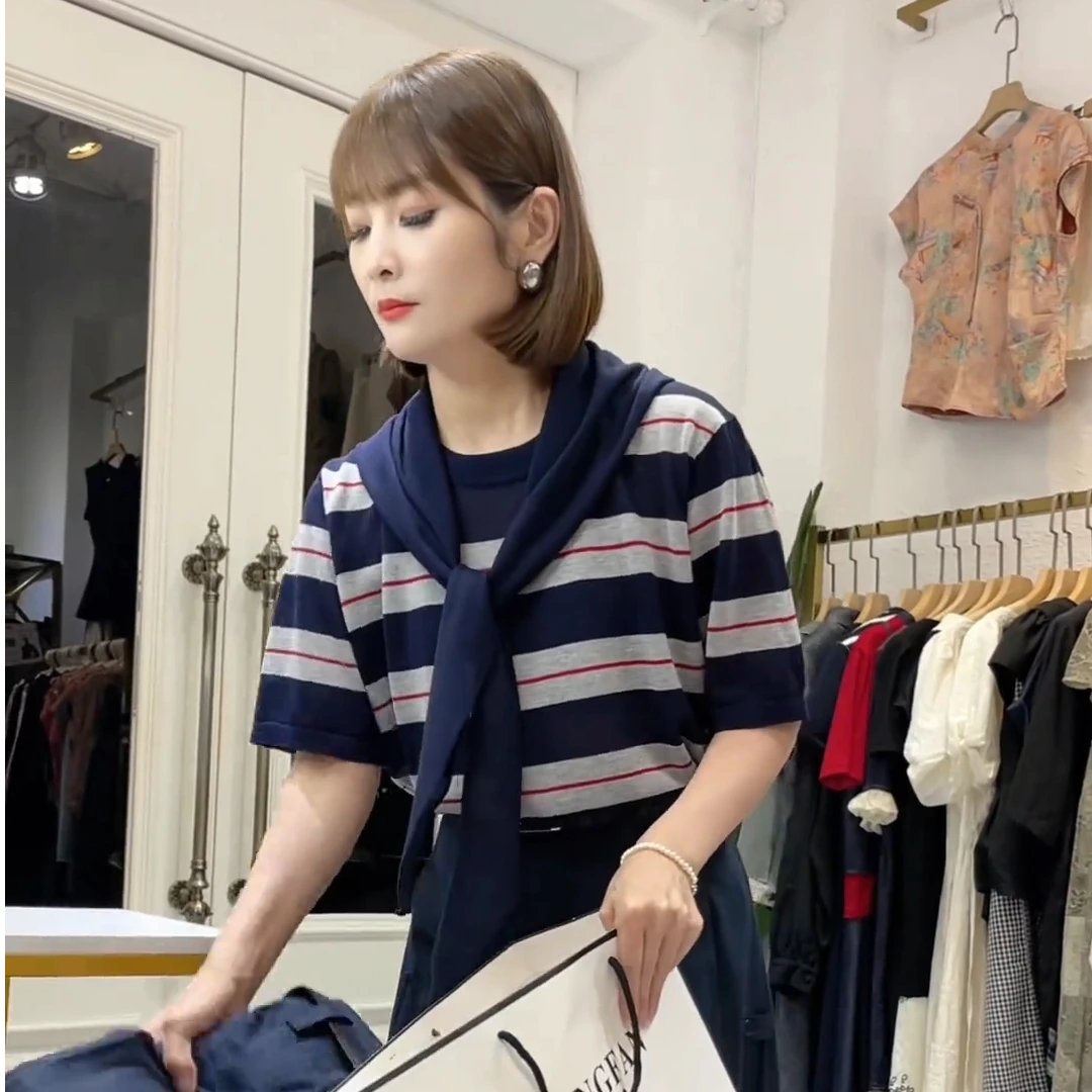 夏季时尚爆款穿搭ins风2025新款韩版条纹显瘦百搭披风假两件短袖
