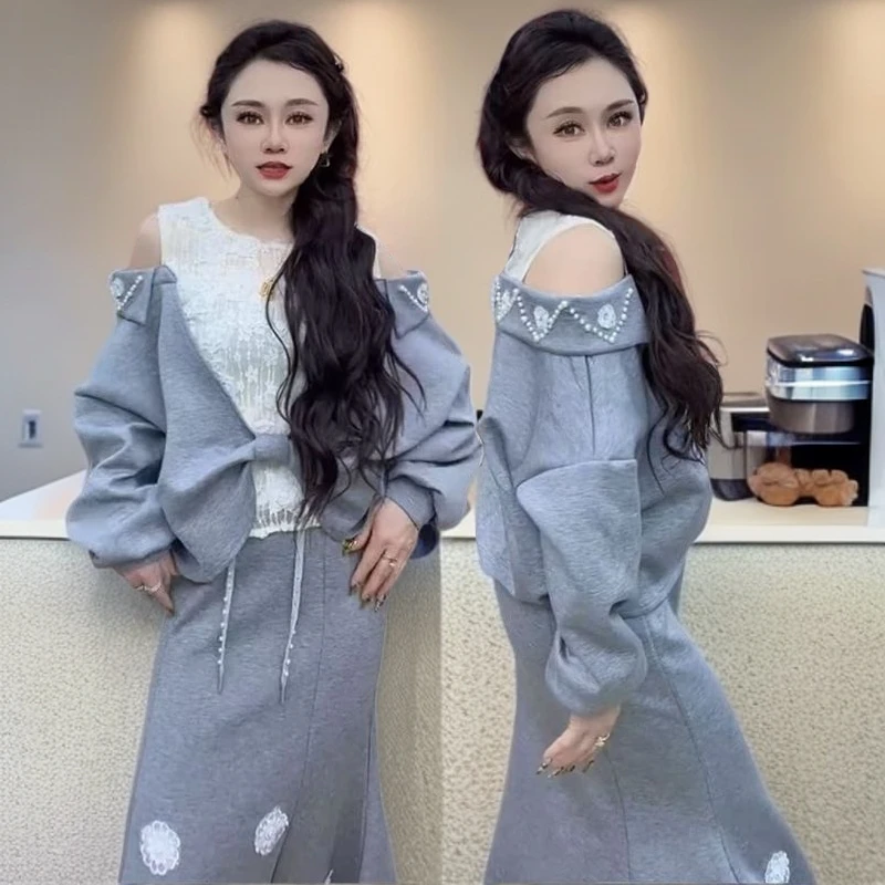 网红秋季新款温柔风露肩时尚套服显瘦上衣半身裙时尚减龄气质套装